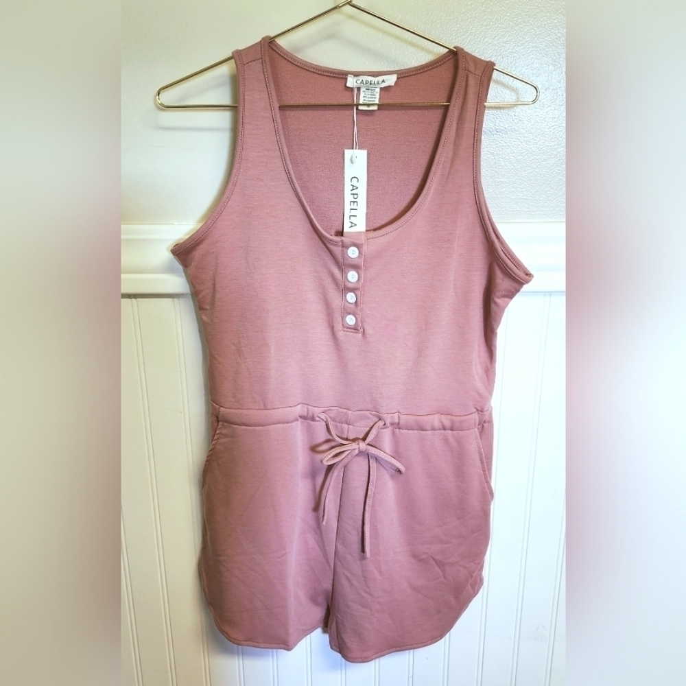 Capella Sleeveless Pink Drawstring Waist Button Tank Romper Small - New With Tag